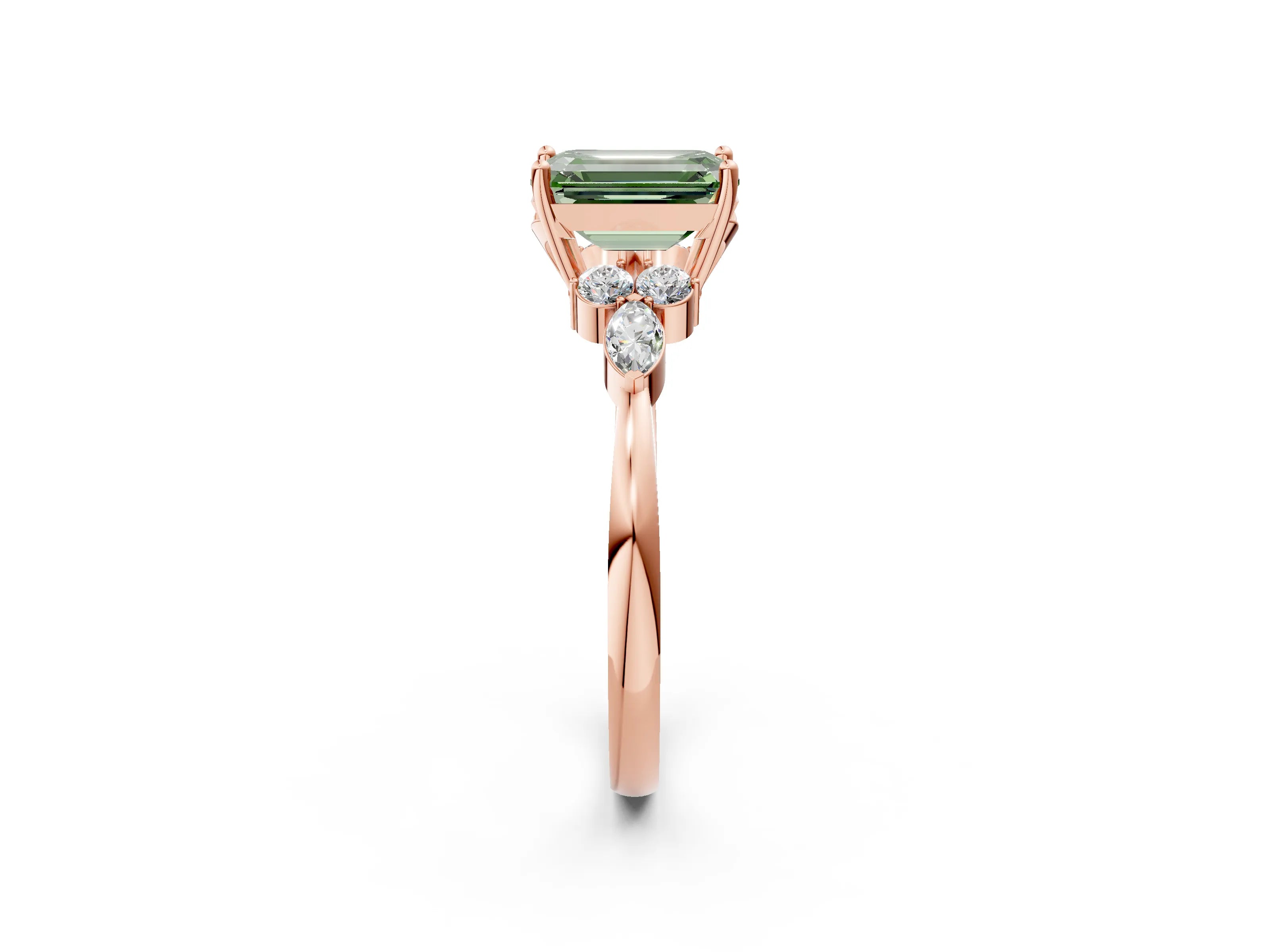 Rose gold Fancy Green Emerald Cut Brilliant Diamond Solitaire Ring with Pear Side Stones and Four-Prong Setting_5