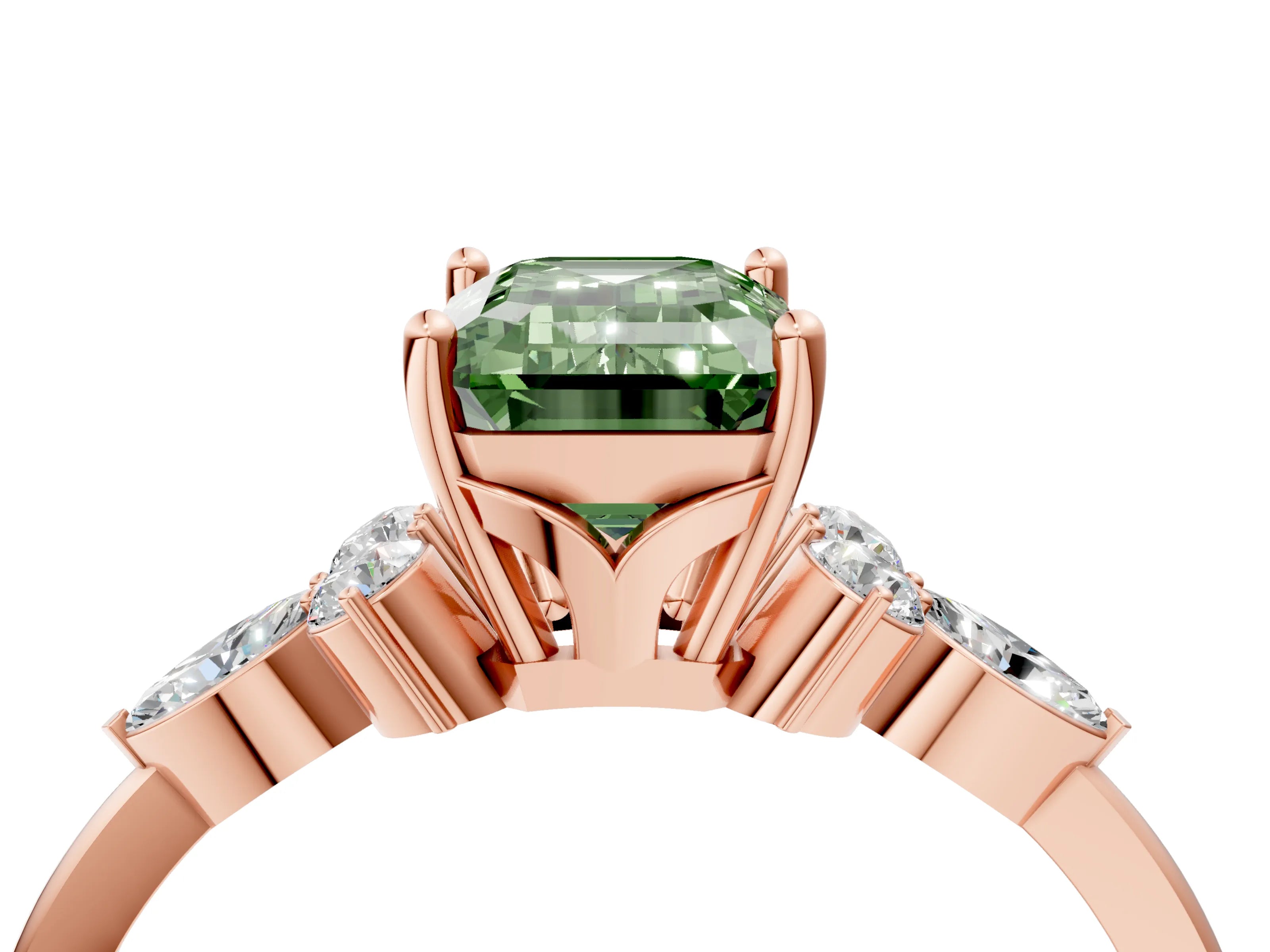 Rose gold Fancy Green Emerald Cut Brilliant Diamond Solitaire Ring with Pear Side Stones and Four-Prong Setting_7