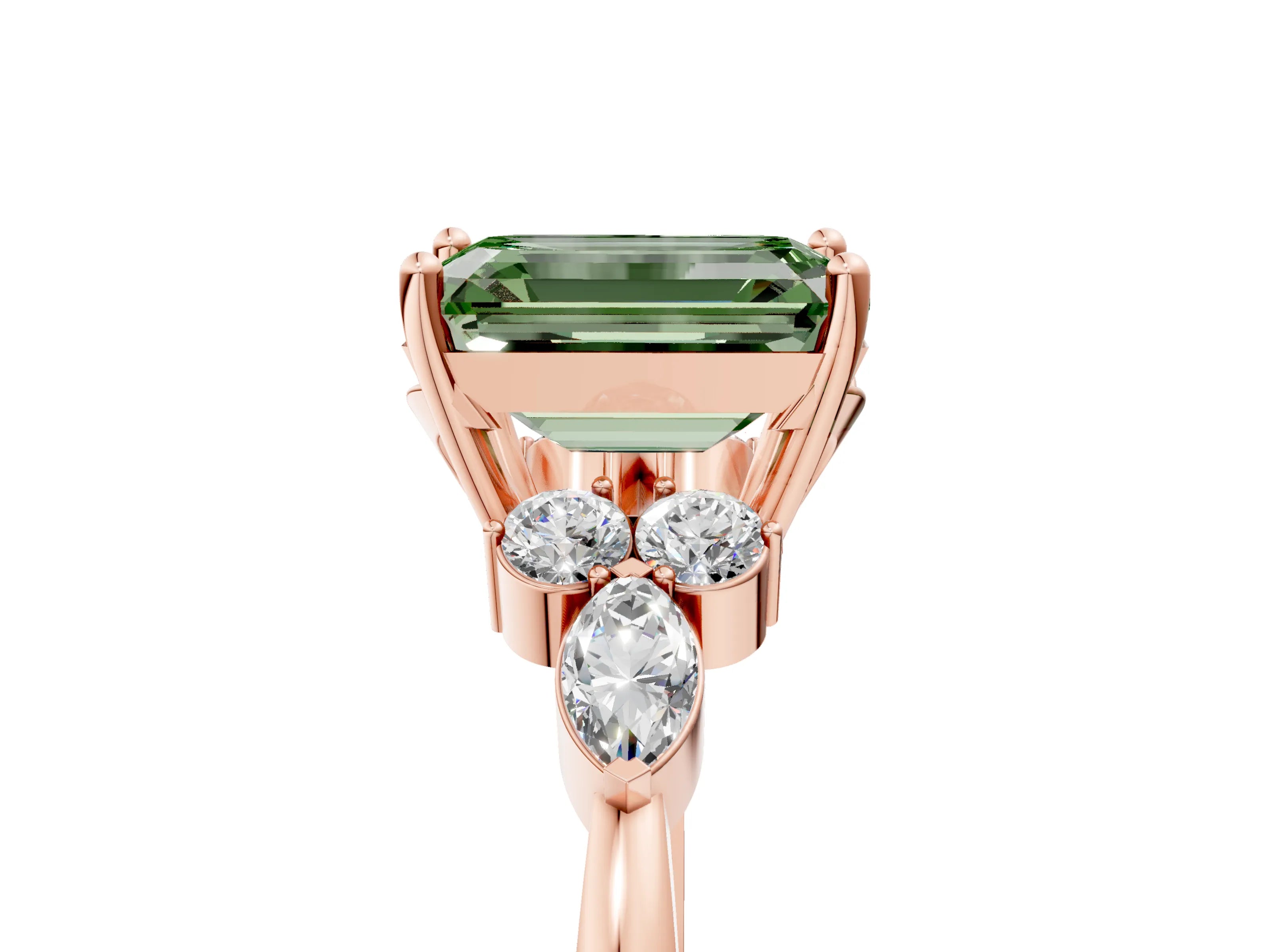 Rose gold Fancy Green Emerald Cut Brilliant Diamond Solitaire Ring with Pear Side Stones and Four-Prong Setting_8