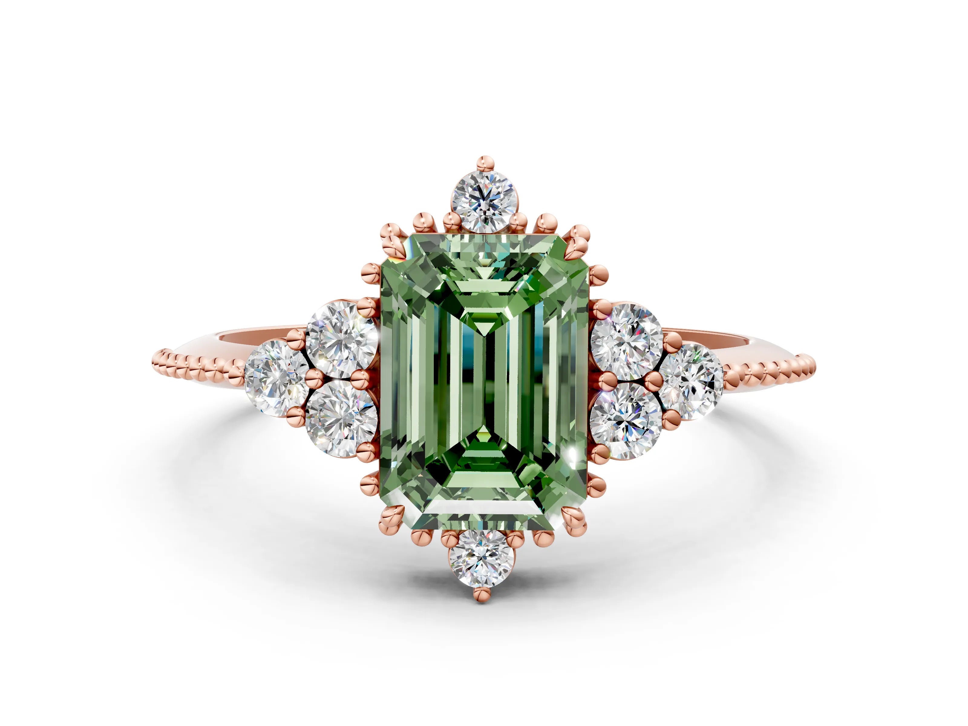 Rose gold Fancy Green Emerald Cut Brilliant Diamond with Cluster Setting on a Beaded Band and Four-Prong Setting