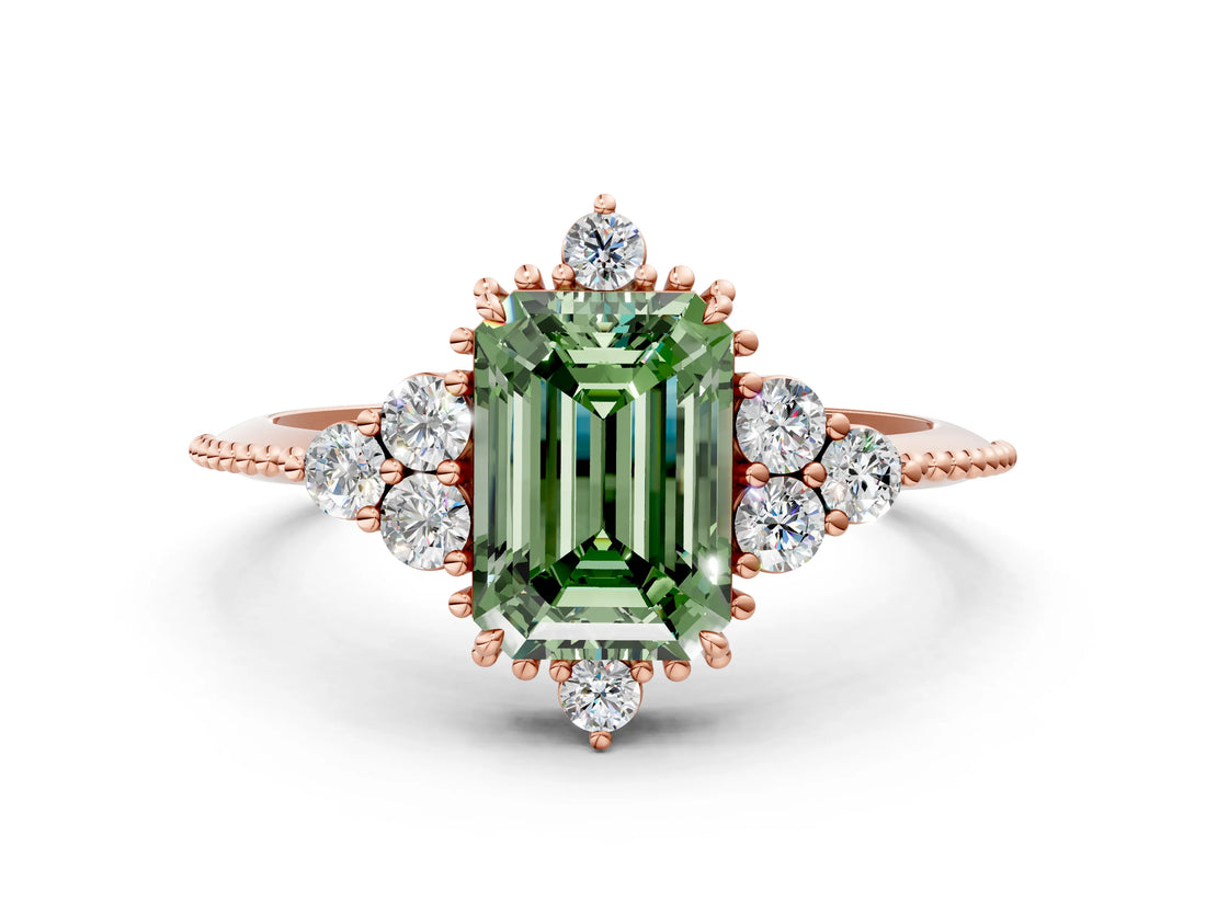 Rose gold Fancy Green Emerald Cut Brilliant Diamond with Cluster Setting on a Beaded Band and Four-Prong Setting