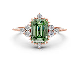 Rose gold Fancy Green Emerald Cut Brilliant Diamond with Cluster Setting on a Beaded Band and Four-Prong Setting