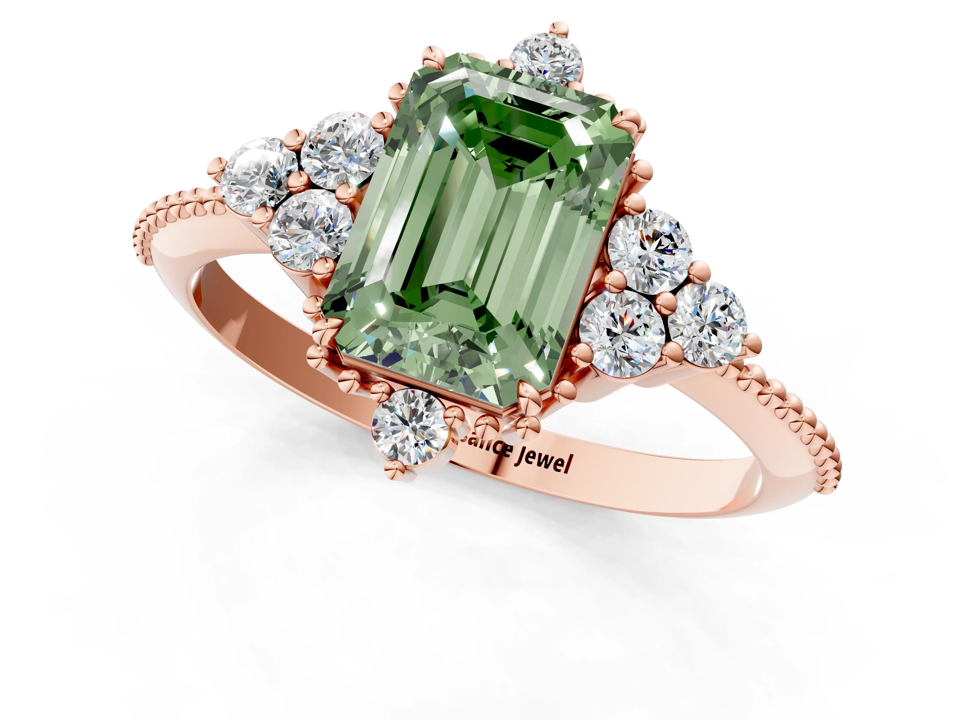 Rose gold Fancy Green Emerald Cut Brilliant Diamond with Cluster Setting on a Beaded Band and Four-Prong Setting_1