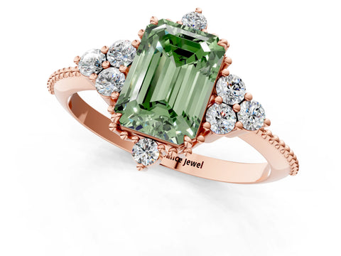 Rose gold Fancy Green Emerald Cut Brilliant Diamond with Cluster Setting on a Beaded Band and Four-Prong Setting_1