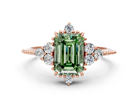 Rose gold Fancy Green Emerald Cut Brilliant Diamond with Cluster Setting on a Beaded Band and Four-Prong Setting
