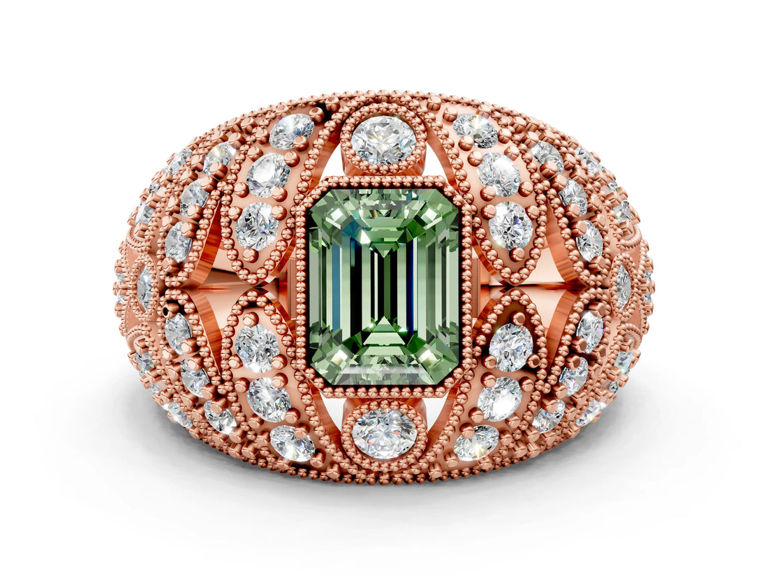 Rose gold Fancy Green Emerald Cut Brilliant Halo Pave Diamond Milgrain Ring