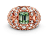 Rose gold Fancy Green Emerald Cut Brilliant Halo Pave Diamond Milgrain Ring