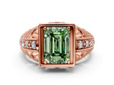 Rose gold Fancy Green Emerald Cut Brilliant Milgrain Filigree Diamond Ring with Square Prong Setting