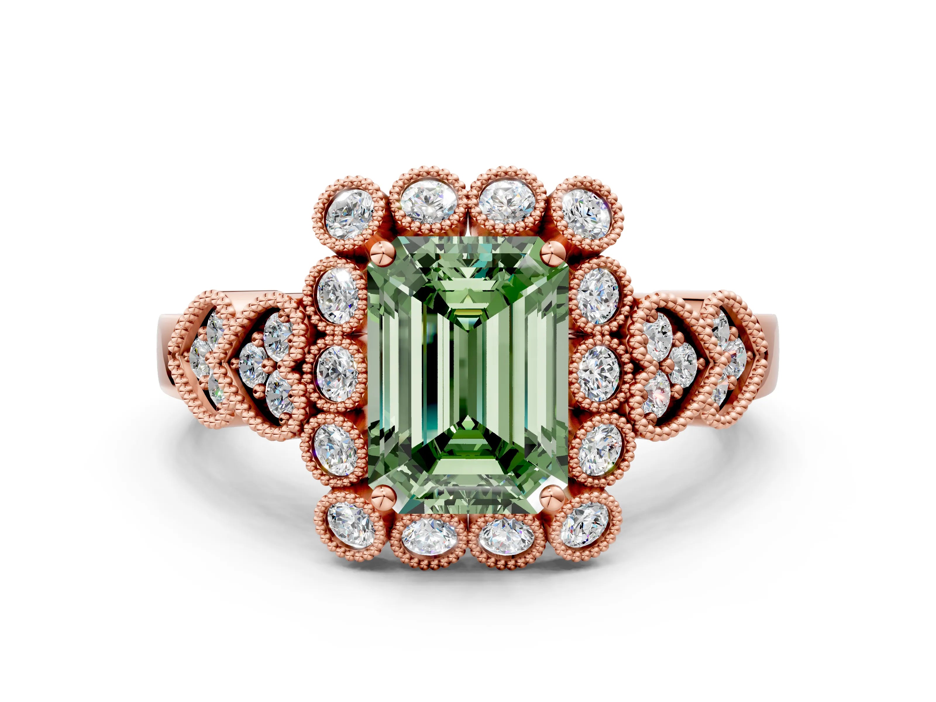 Rose gold Fancy Green Emerald Cut Brilliant Milgrain Pave Heart Band Solitaire Ring