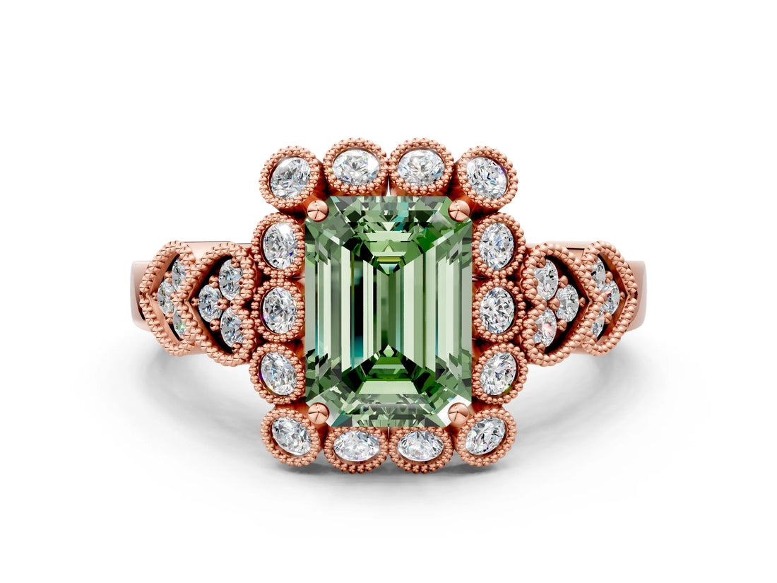 Rose gold Fancy Green Emerald Cut Brilliant Milgrain Pave Heart Band Solitaire Ring