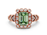Rose gold Fancy Green Emerald Cut Brilliant Milgrain Pave Heart Band Solitaire Ring