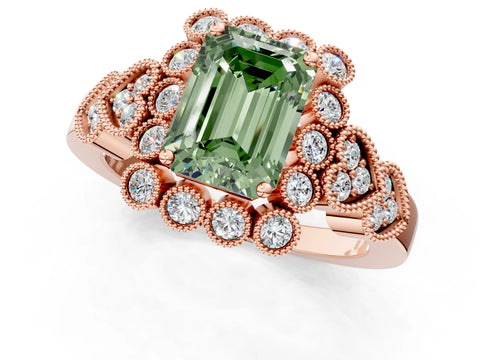Rose gold Fancy Green Emerald Cut Brilliant Milgrain Pave Heart Band Solitaire Ring_1