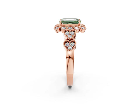 Rose gold Fancy Green Emerald Cut Brilliant Milgrain Pave Heart Band Solitaire Ring_2