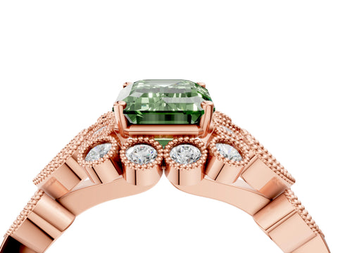 Rose gold Fancy Green Emerald Cut Brilliant Milgrain Pave Heart Band Solitaire Ring_4
