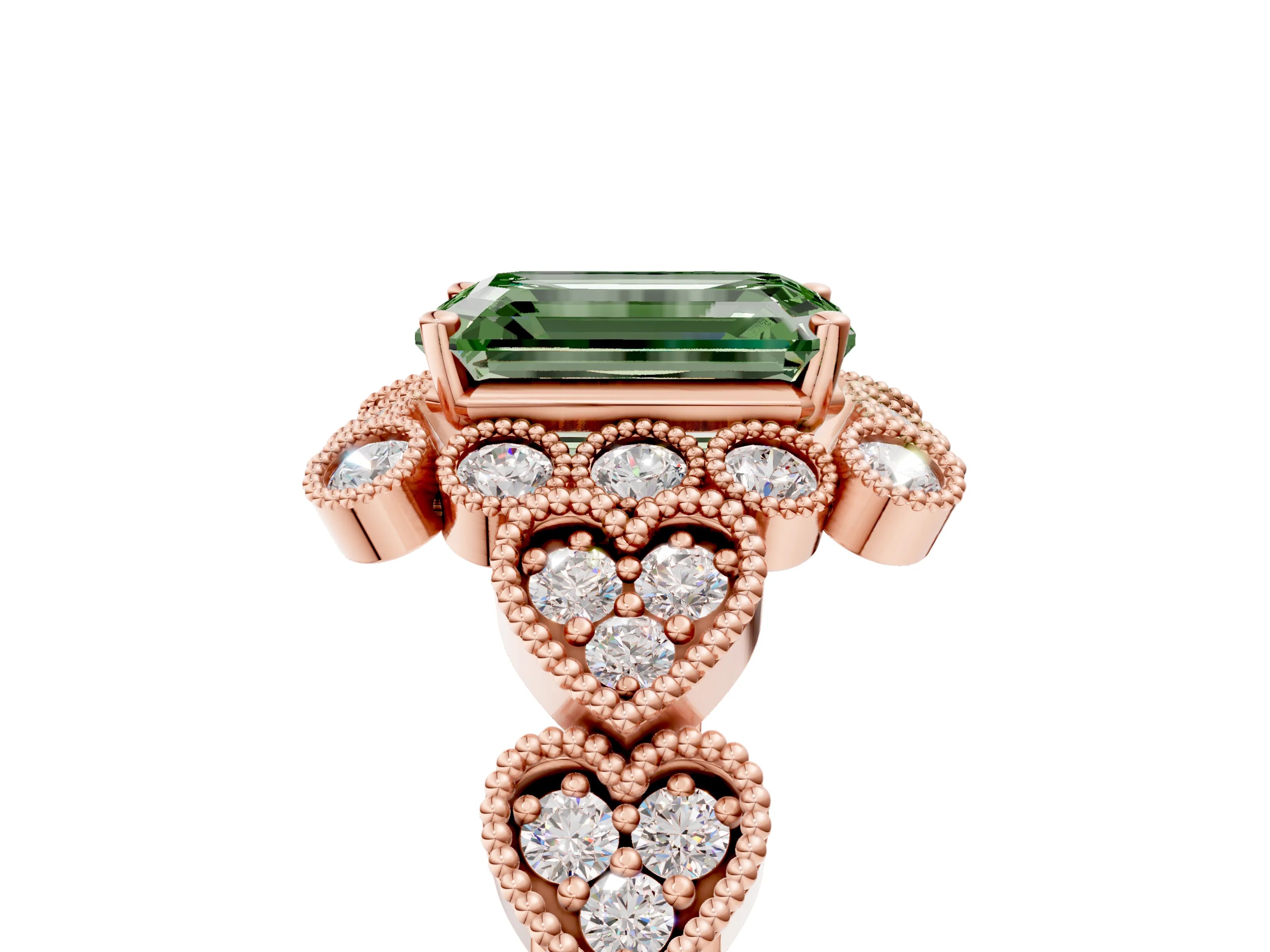 Rose gold Fancy Green Emerald Cut Brilliant Milgrain Pave Heart Band Solitaire Ring_5