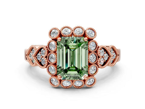 Rose gold Fancy Green Emerald Cut Brilliant Milgrain Pave Heart Band Solitaire Ring
