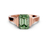 Rose gold Fancy Green Emerald Cut Brilliant Solitaire Diamond Ring with Channel Set Band and Bar Prong Setting