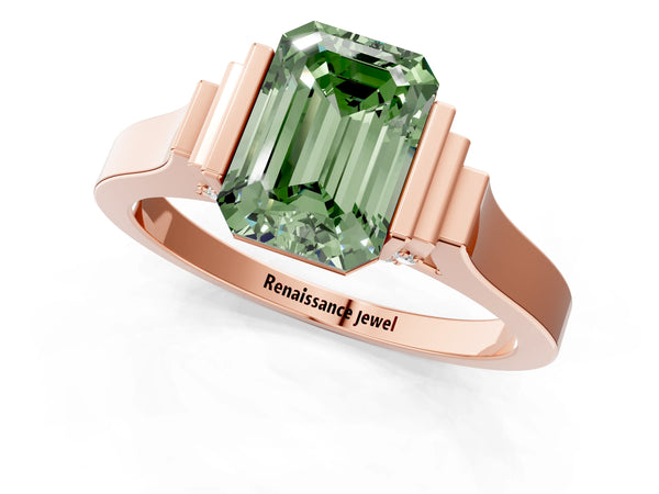 Rose gold Fancy Green Emerald Cut Brilliant Solitaire Diamond Ring with Channel Set Band and Bar Prong Setting