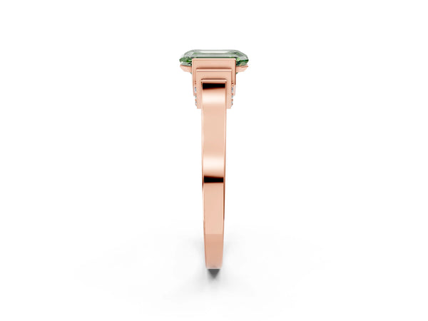 Rose gold Fancy Green Emerald Cut Brilliant Solitaire Diamond Ring with Channel Set Band and Bar Prong Setting