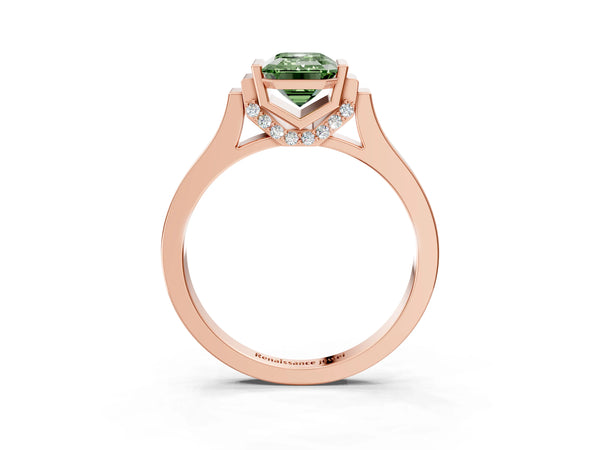 Rose gold Fancy Green Emerald Cut Brilliant Solitaire Diamond Ring with Channel Set Band and Bar Prong Setting