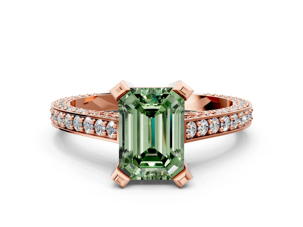 Rose gold Fancy Green Emerald Cut Brilliant Split Shank Pave Solitaire Ring with Four-Prong Setting