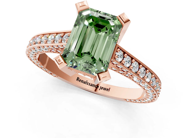 Rose gold Fancy Green Emerald Cut Brilliant Split Shank Pave Solitaire Ring with Four-Prong Setting