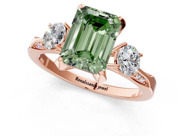 Rose Gold Emerald Cut Three Stone Hidden Halo Engagement Ring Setting for Fancy Green Center