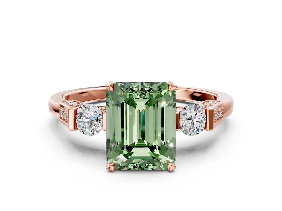 Rose gold Fancy Green Emerald Cut Brilliant Three-Stone Pave Band with Four-Prong Setting