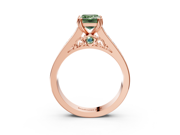Rose Gold Emerald Cut Channel Set Solitaire Engagement Ring Setting for Fancy Green Center with Double Claw Prongs