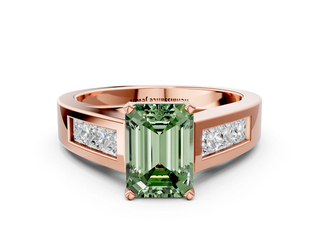 Rose gold Fancy Green Emerald Cut Cut Channel Set Solitaire Ring with Four-Prong Setting