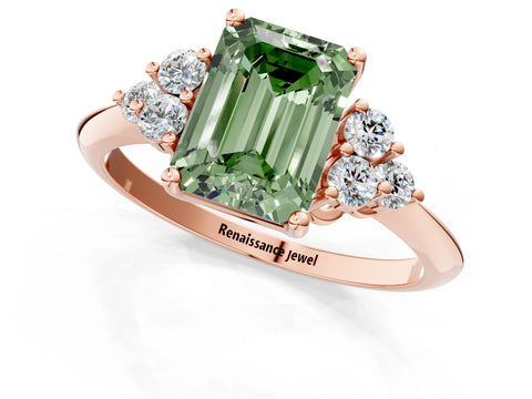 Rose gold Fancy Green Emerald Cut Cut Diamond Cluster Ring with Solitaire Band and Four-Prong Setting_13