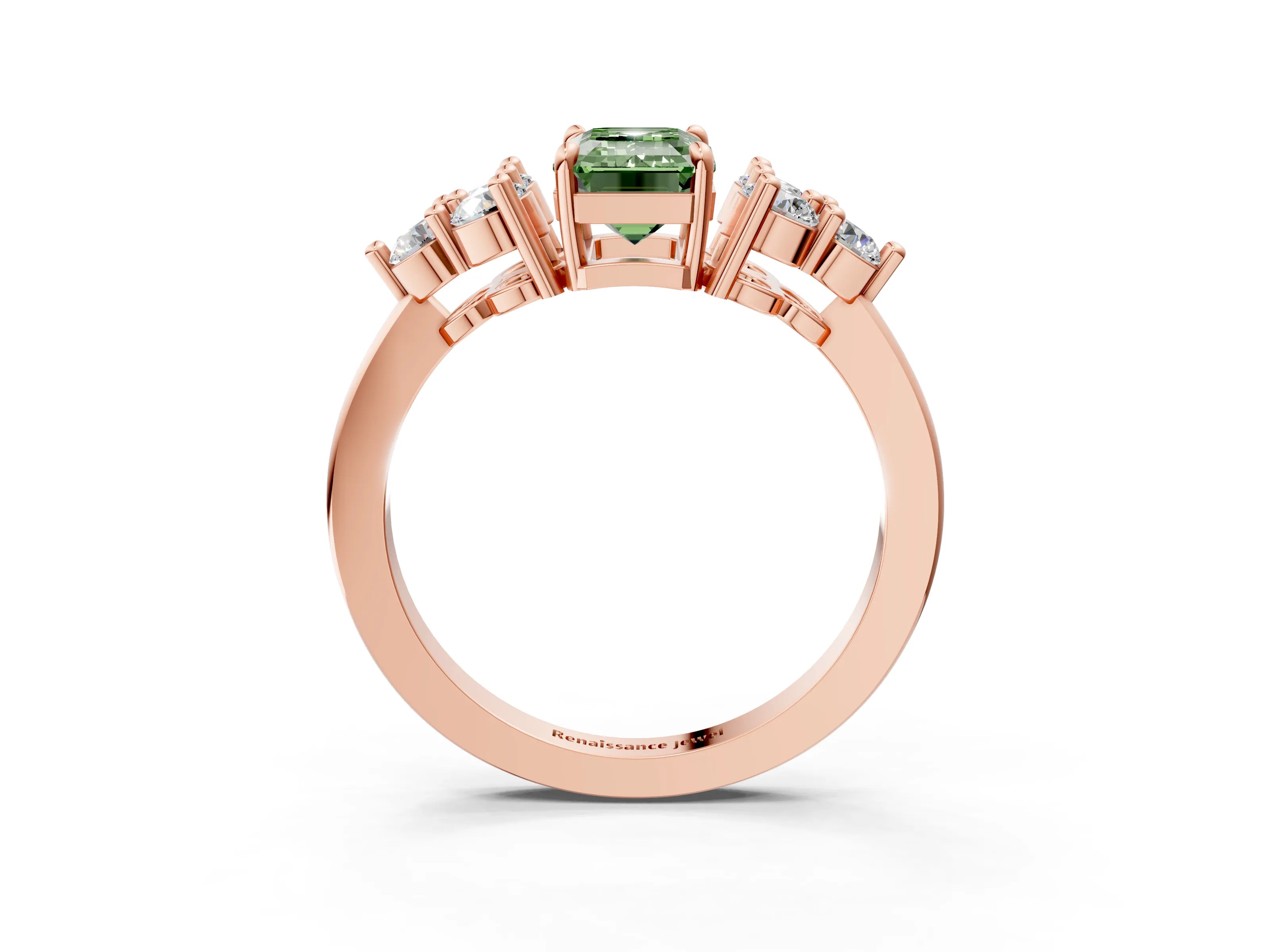 Rose gold Fancy Green Emerald Cut Cut Diamond Cluster Ring with Solitaire Band and Four-Prong Setting_3