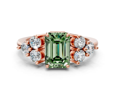 Rose gold Fancy Green Emerald Cut Cut Diamond Cluster Ring with Solitaire Band and Four-Prong Setting