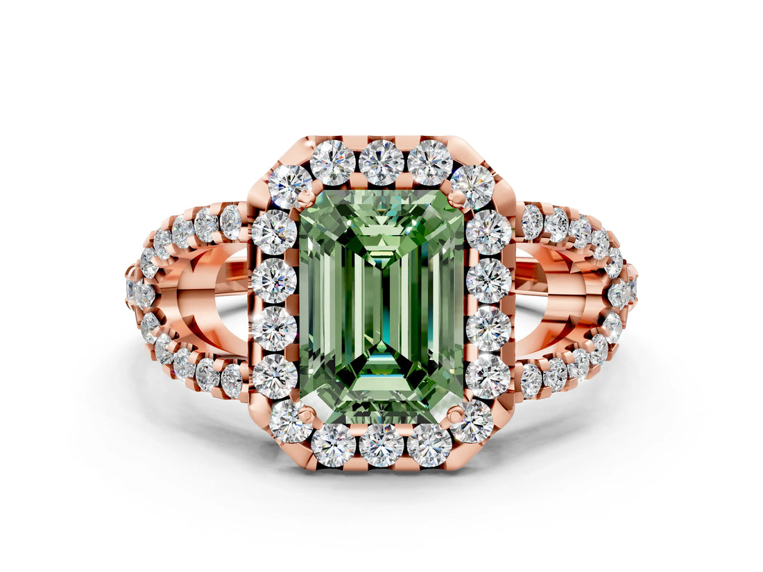 Rose gold Fancy Green Emerald Cut Cut Diamond Halo Engagement Ring with Open Split Pavé Band