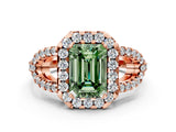 Rose gold Fancy Green Emerald Cut Cut Diamond Halo Engagement Ring with Open Split Pavé Band