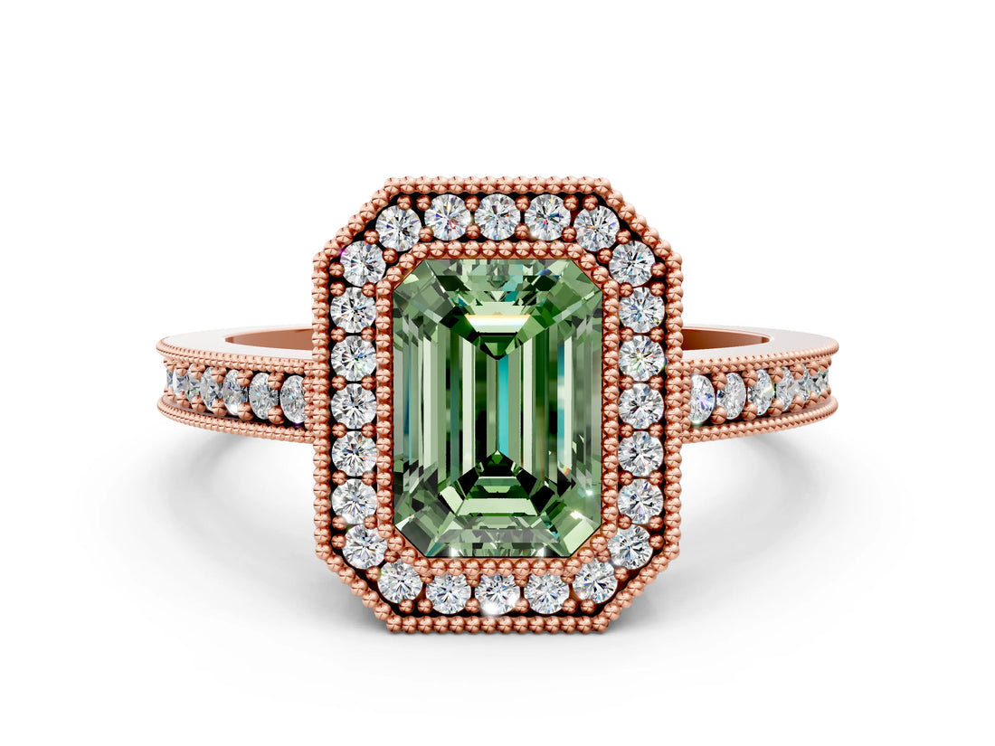 Rose gold Fancy Green Emerald Cut-Cut Diamond Halo Engagement Ring with Pave Band and Prong Setting