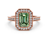 Rose gold Fancy Green Emerald Cut-Cut Diamond Halo Engagement Ring with Pave Band and Prong Setting