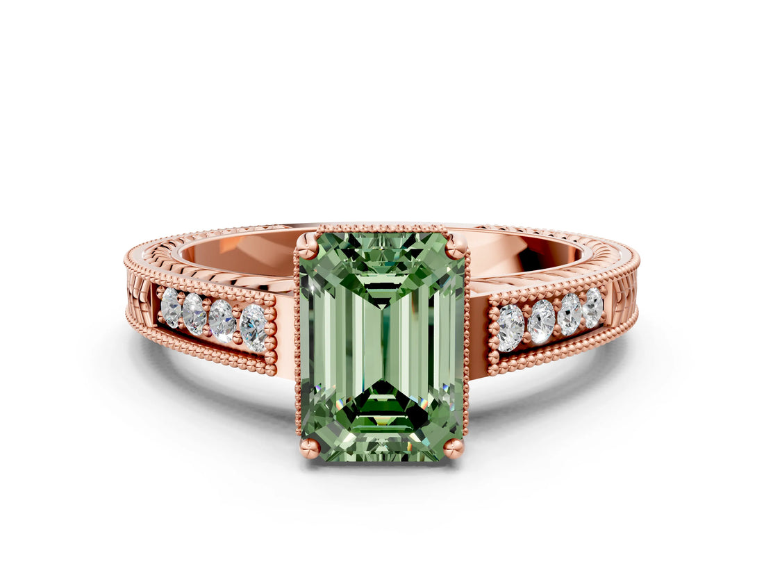 Rose gold Fancy Green Emerald Cut Cut Diamond Milgrain Pave Band Four-Prong Setting Ring_3
