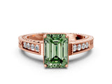 Rose gold Fancy Green Emerald Cut Cut Diamond Milgrain Pave Band Four-Prong Setting Ring_3