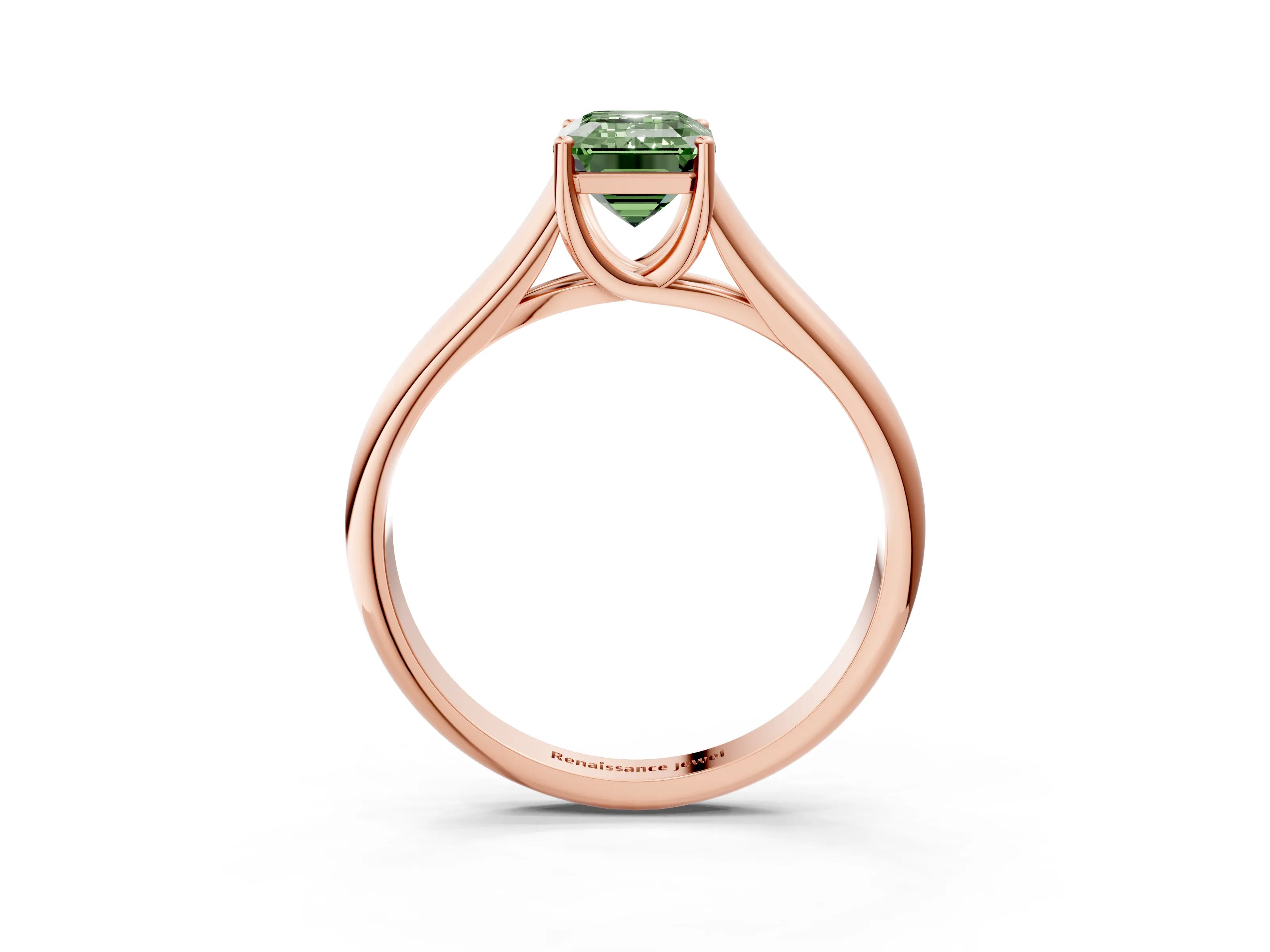 Rose gold Fancy Green Emerald Cut Cut Diamond Solitaire Engagement Ring with Tapered Plain Band and Four-Prong Setting_3