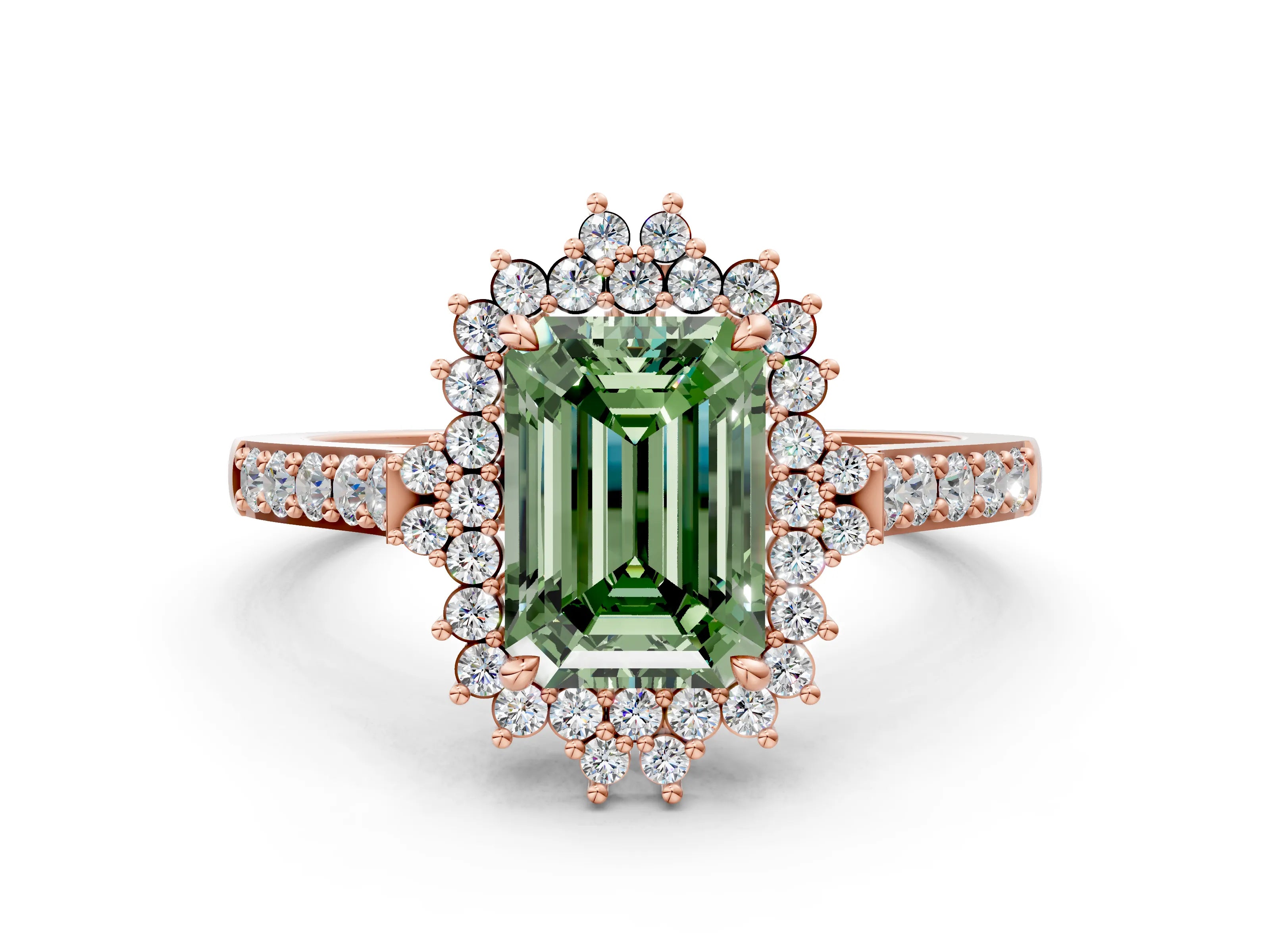 Rose gold Fancy Green Emerald Cut Cut Diamond Sunburst Halo Engagement Ring with Pavé Band