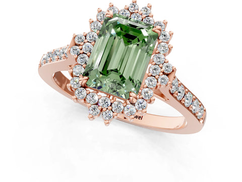 Rose gold Fancy Green Emerald Cut Cut Diamond Sunburst Halo Engagement Ring with Pavé Band_1