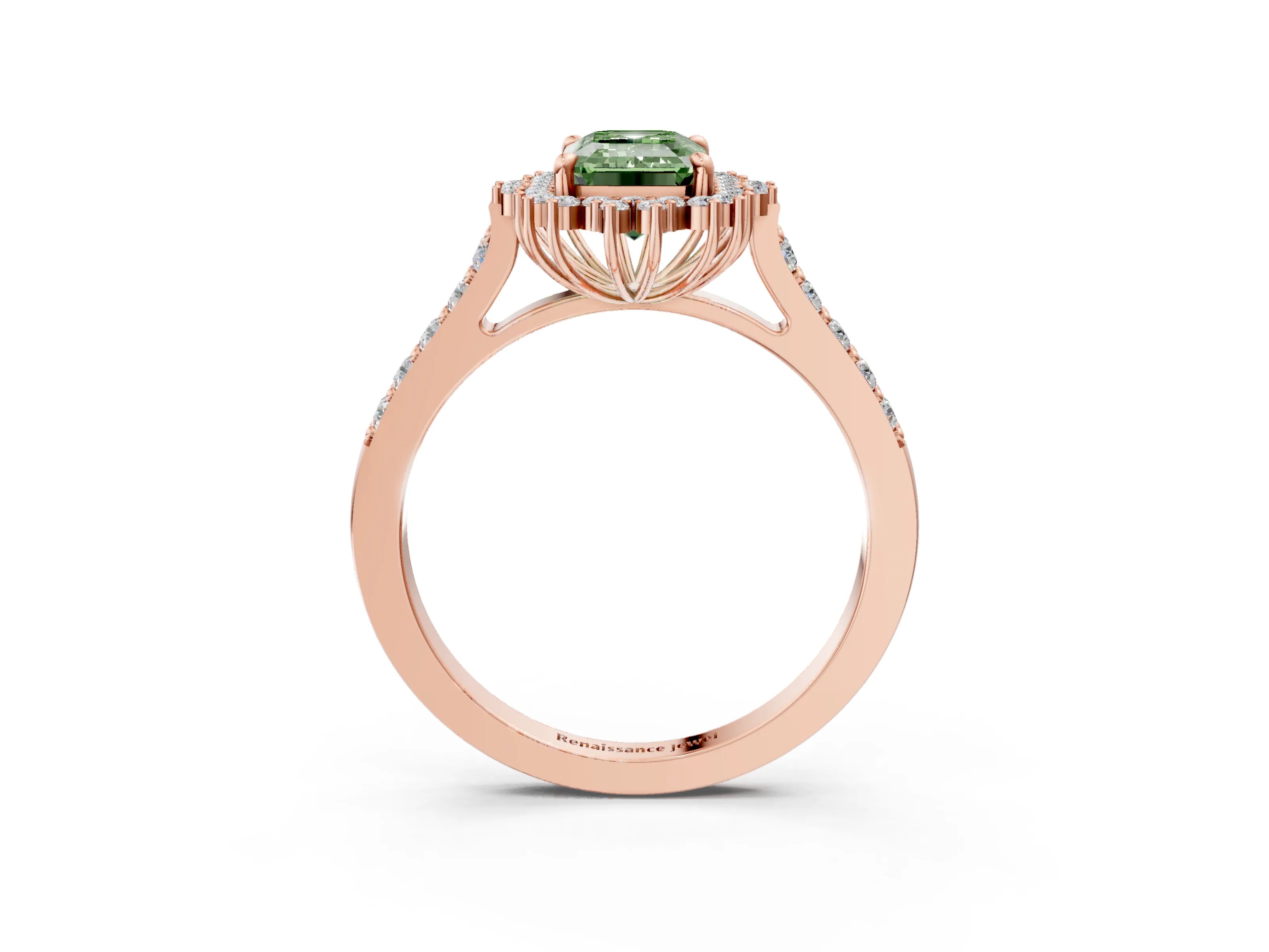Rose gold Fancy Green Emerald Cut Cut Diamond Sunburst Halo Engagement Ring with Pavé Band_3