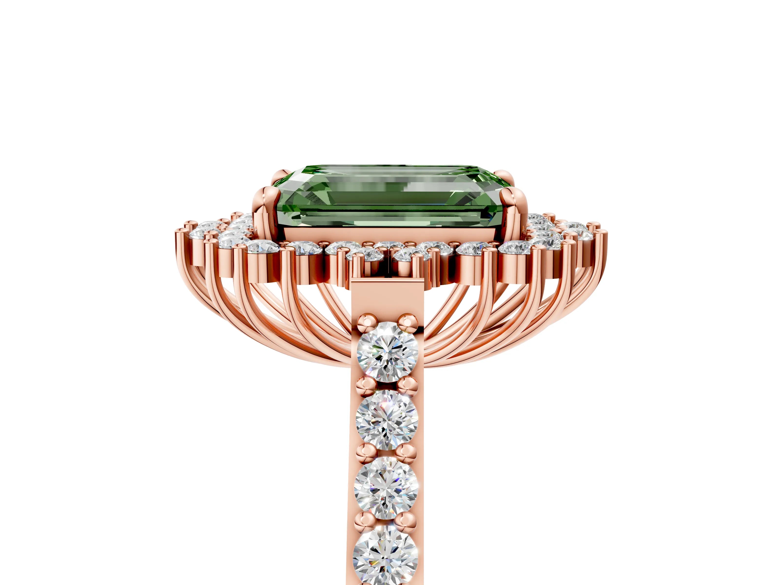 Rose gold Fancy Green Emerald Cut Cut Diamond Sunburst Halo Engagement Ring with Pavé Band_5