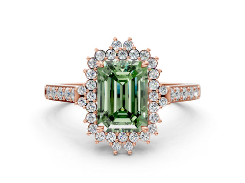 Rose gold Fancy Green Emerald Cut Cut Diamond Sunburst Halo Engagement Ring with Pavé Band