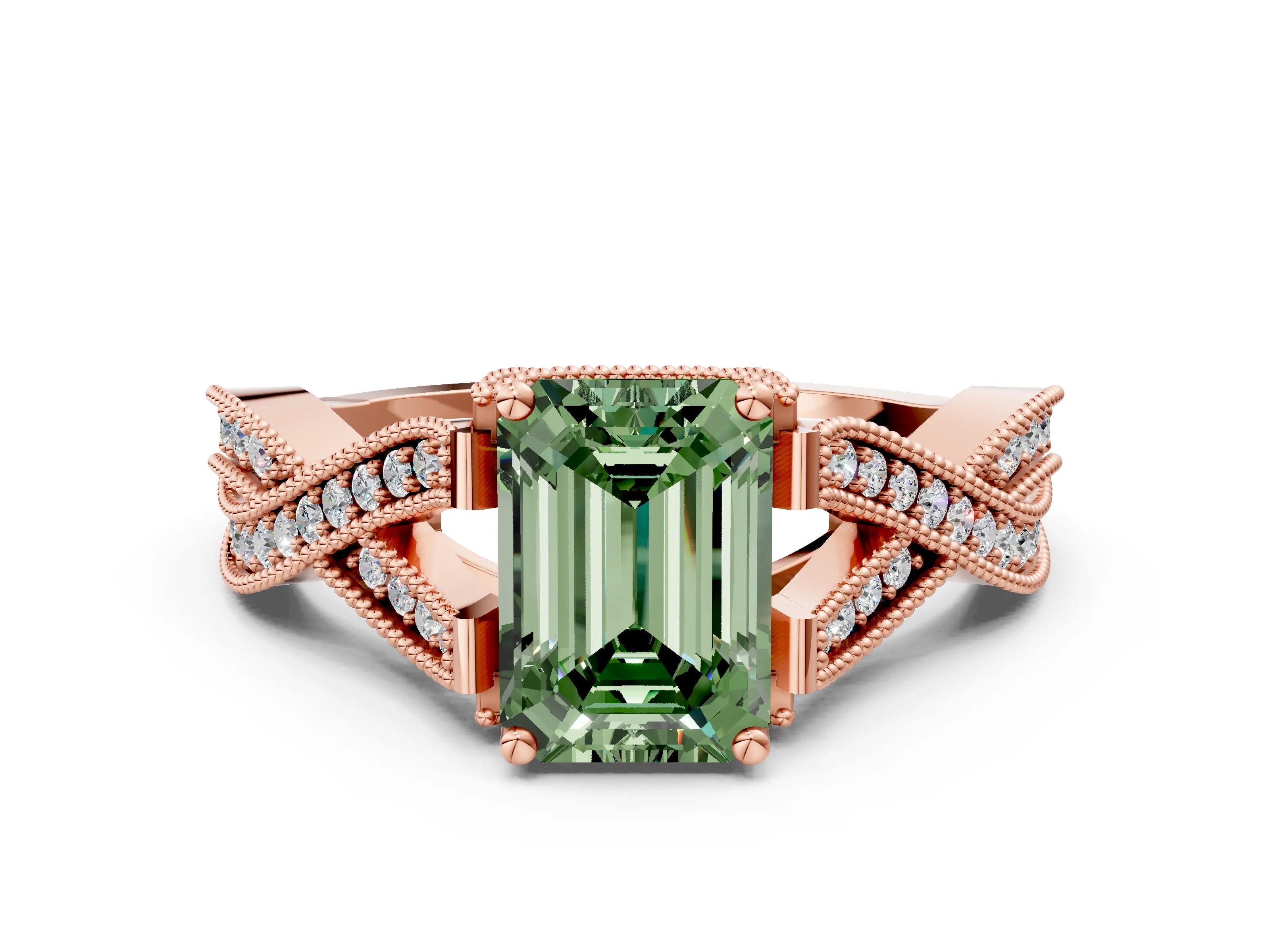Rose gold Fancy Green Emerald Cut Cut Diamond Twisted Band with Milgrain Pave Setting and Four-Prong Setting