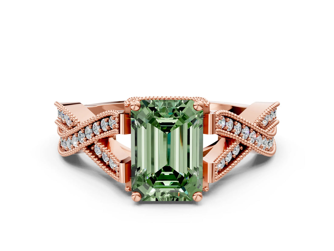 Rose gold Fancy Green Emerald Cut Cut Diamond Twisted Band with Milgrain Pave Setting and Four-Prong Setting