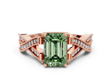 Rose gold Fancy Green Emerald Cut Cut Diamond Twisted Band with Milgrain Pave Setting and Four-Prong Setting