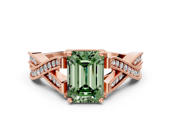 Rose gold Fancy Green Emerald Cut Cut Diamond Twisted Band with Milgrain Pave Setting and Four-Prong Setting