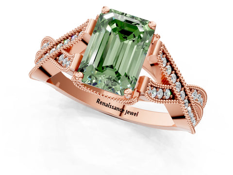 Rose gold Fancy Green Emerald Cut Cut Diamond Twisted Band with Milgrain Pave Setting and Four-Prong Setting_1